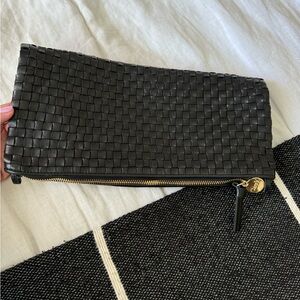 NWOT Clare V folder clutch in soft black woven leather w/tabs for strap. PRETTY